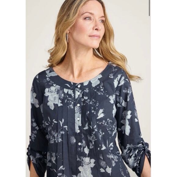 Soft Surroundings Blue Floral Tunic Top Roll Tab Sleeve Size L - Picture 3 of 11